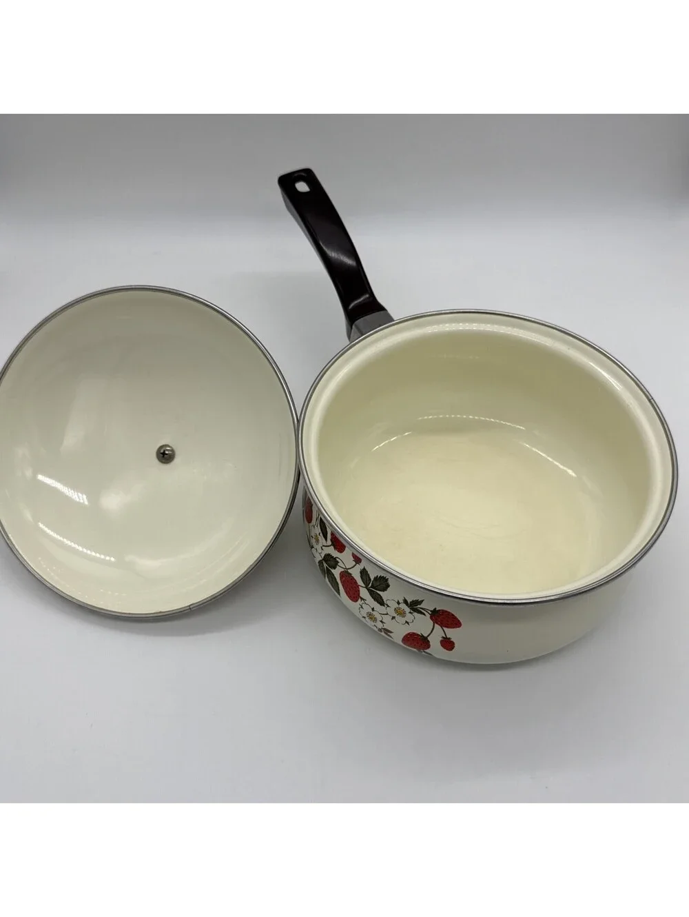 Vintage Enamelware Strawberry Pattern Saucepan Pot with Lid 7.75 Inch Cottage